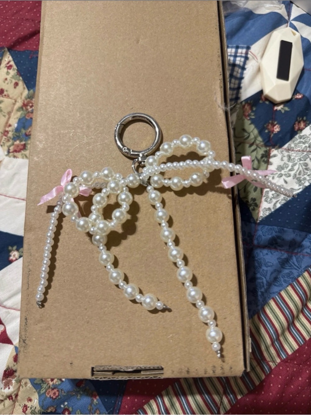 Pearl Bow Keychain Charm with Pink Ribbon